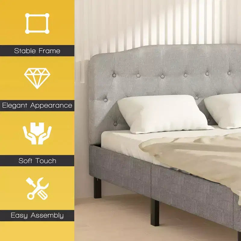 Queen Upholstered Headboard Adjustable Button Tufted Faux Linen Light Grey