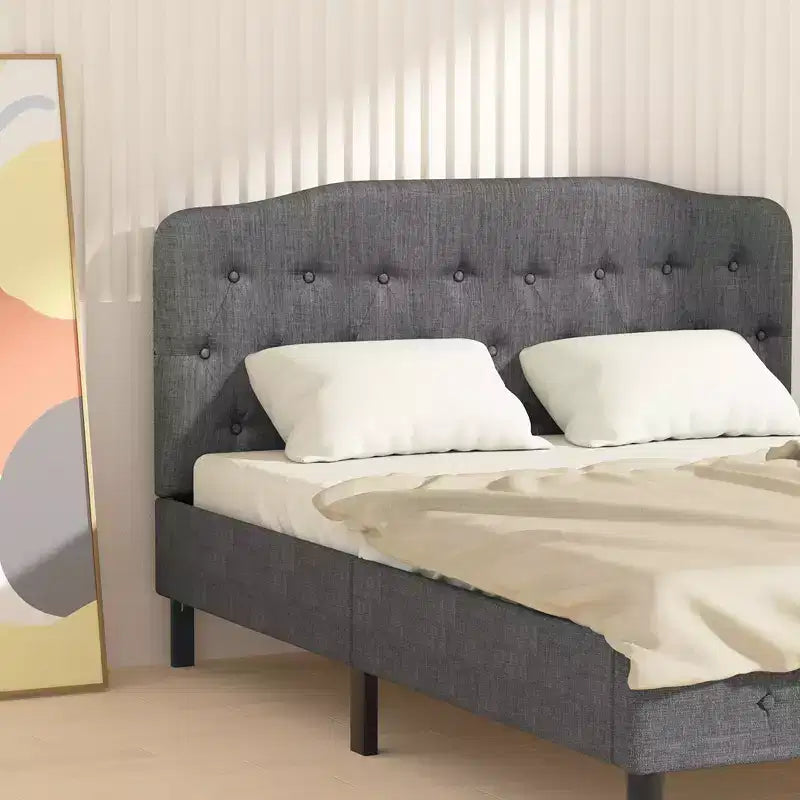 Queen Upholstered Headboard Adjustable Button Tufted Faux Linen Light Grey