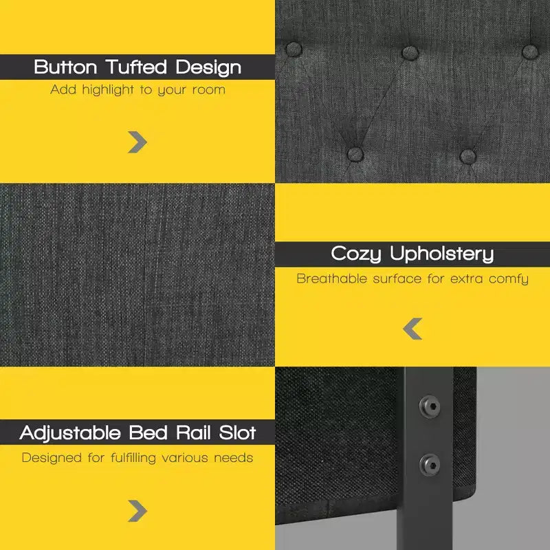 Queen Upholstered Headboard Adjustable Button Tufted Faux Linen Light Grey