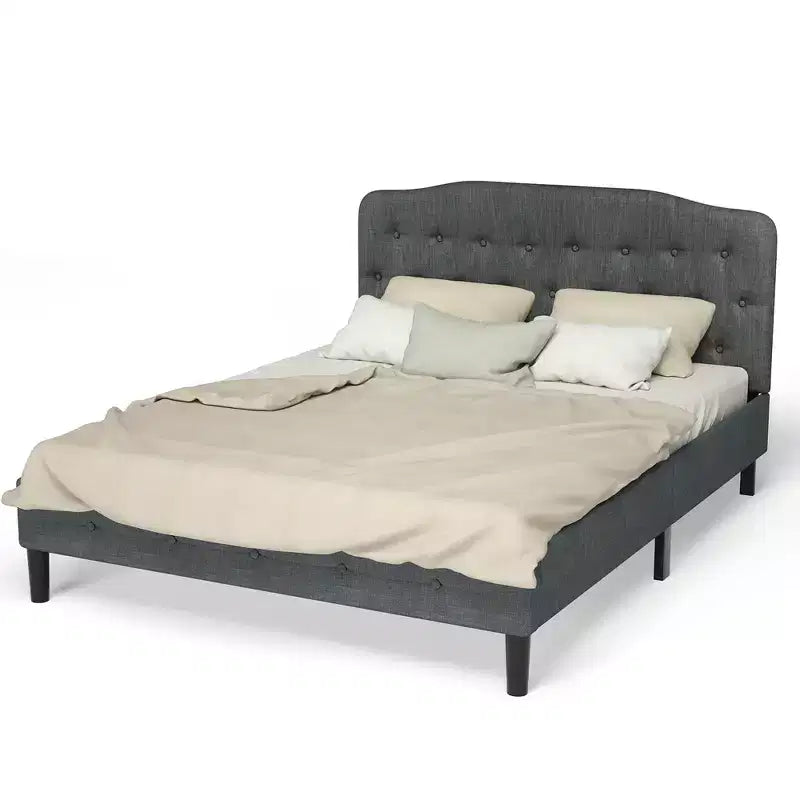 Queen Upholstered Headboard Adjustable Button Tufted Faux Linen Light Grey