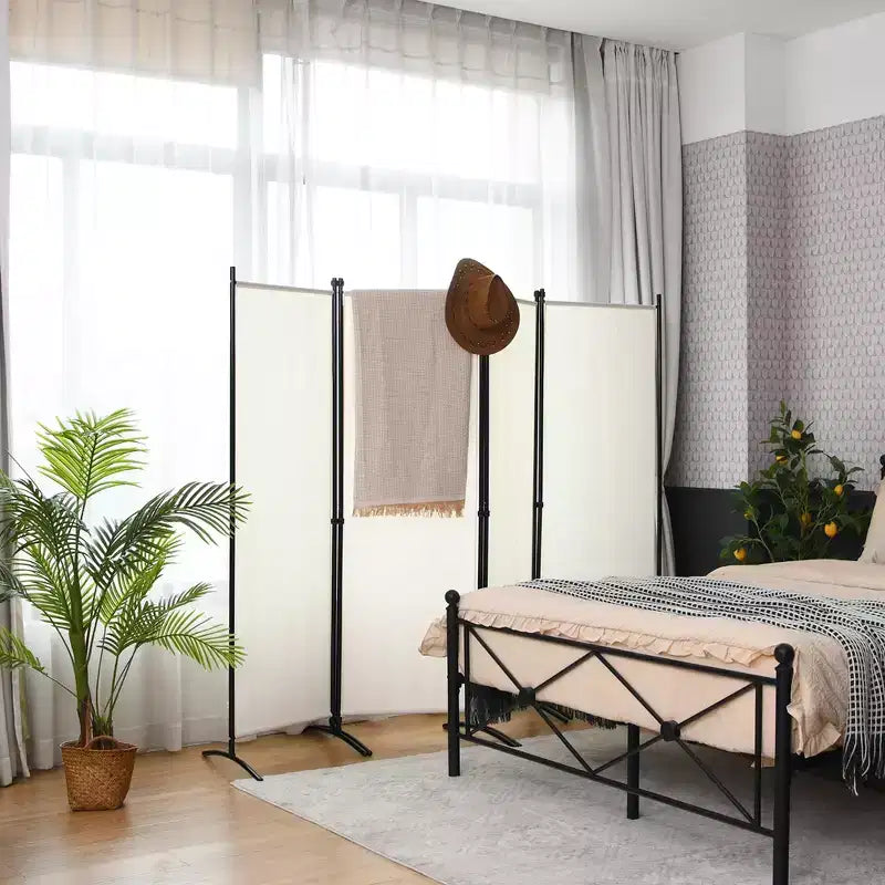 4-Panel 5.6ft Room Divider Folding Fabric Privacy Screen with Steel Frame White/Black/Brown