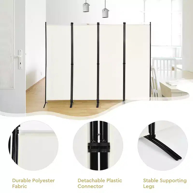 4-Panel 5.6ft Room Divider Folding Fabric Privacy Screen with Steel Frame White/Black/Brown