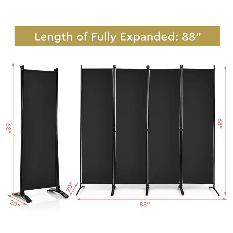 4-Panel 5.6ft Room Divider Folding Fabric Privacy Screen with Steel Frame White/Black/Brown