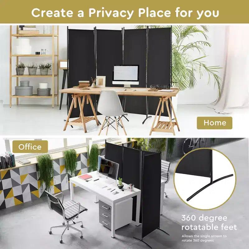 4-Panel 5.6ft Room Divider Folding Fabric Privacy Screen with Steel Frame White/Black/Brown