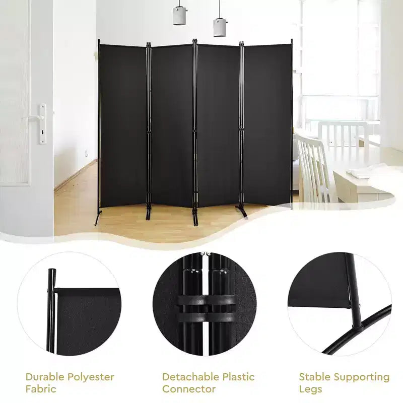 4-Panel 5.6ft Room Divider Folding Fabric Privacy Screen with Steel Frame White/Black/Brown
