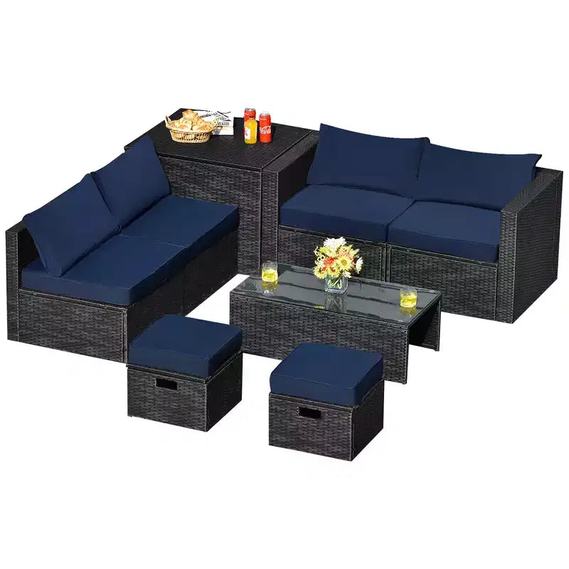 Costway Ensemble de Meubles de Jardin en Rotin 8 Pièces Table de Rangement Housse d'Ottoman