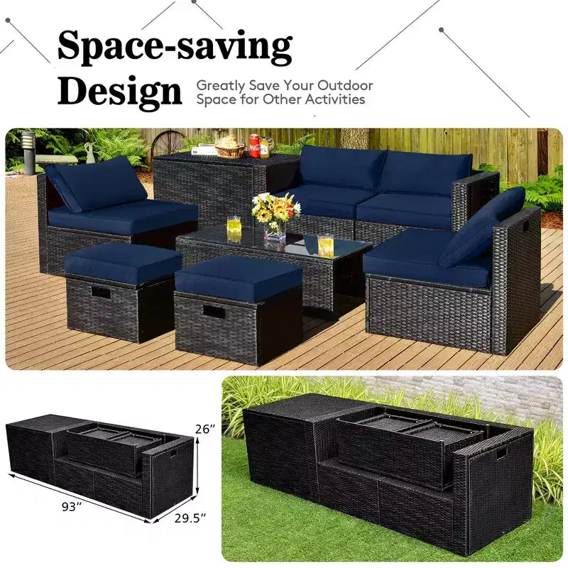 Costway Ensemble de Meubles de Jardin en Rotin 8 Pièces Table de Rangement Housse d'Ottoman