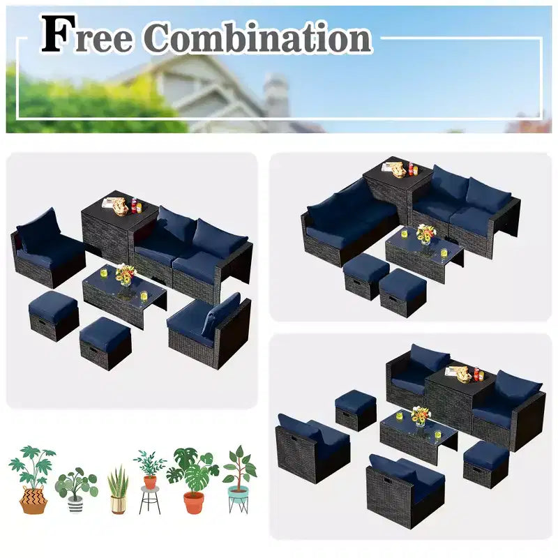 Costway Ensemble de Meubles de Jardin en Rotin 8 Pièces Table de Rangement Housse d'Ottoman
