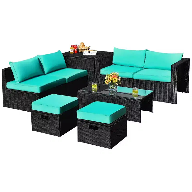 Costway Ensemble de Meubles de Jardin en Rotin 8 Pièces Table de Rangement Housse d'Ottoman