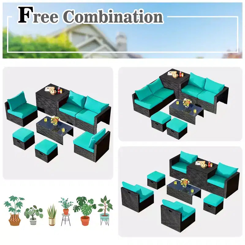 Costway Ensemble de Meubles de Jardin en Rotin 8 Pièces Table de Rangement Housse d'Ottoman