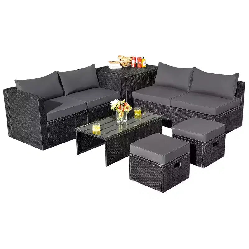 Costway Ensemble de Meubles de Jardin en Rotin 8 Pièces Table de Rangement Housse d'Ottoman