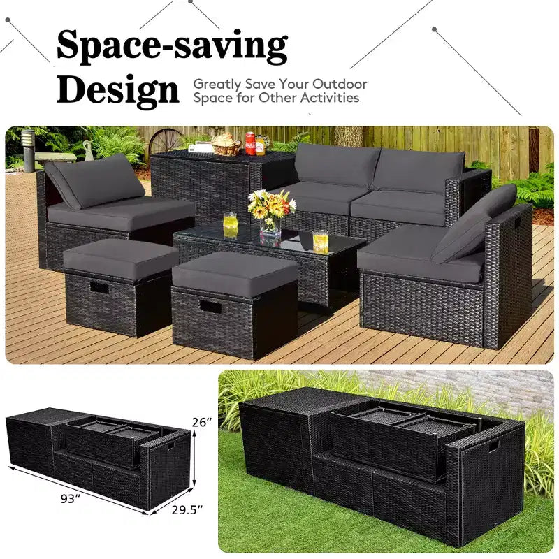 Costway Ensemble de Meubles de Jardin en Rotin 8 Pièces Table de Rangement Housse d'Ottoman