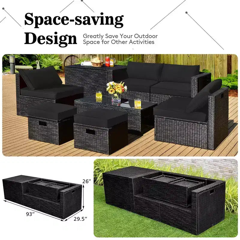 Costway Ensemble de Meubles de Jardin en Rotin 8 Pièces Table de Rangement Housse d'Ottoman