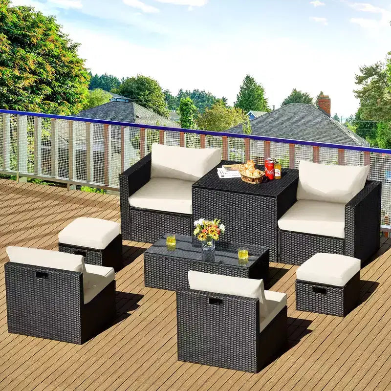 Costway Ensemble de Meubles de Jardin en Rotin 8 Pièces Table de Rangement Housse d'Ottoman