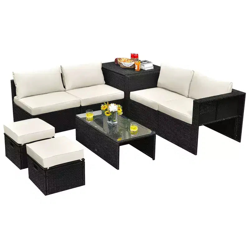 Costway Ensemble de Meubles de Jardin en Rotin 8 Pièces Table de Rangement Housse d'Ottoman