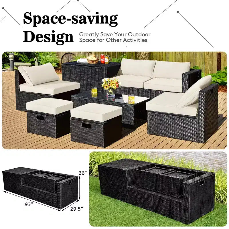 Costway Ensemble de Meubles de Jardin en Rotin 8 Pièces Table de Rangement Housse d'Ottoman