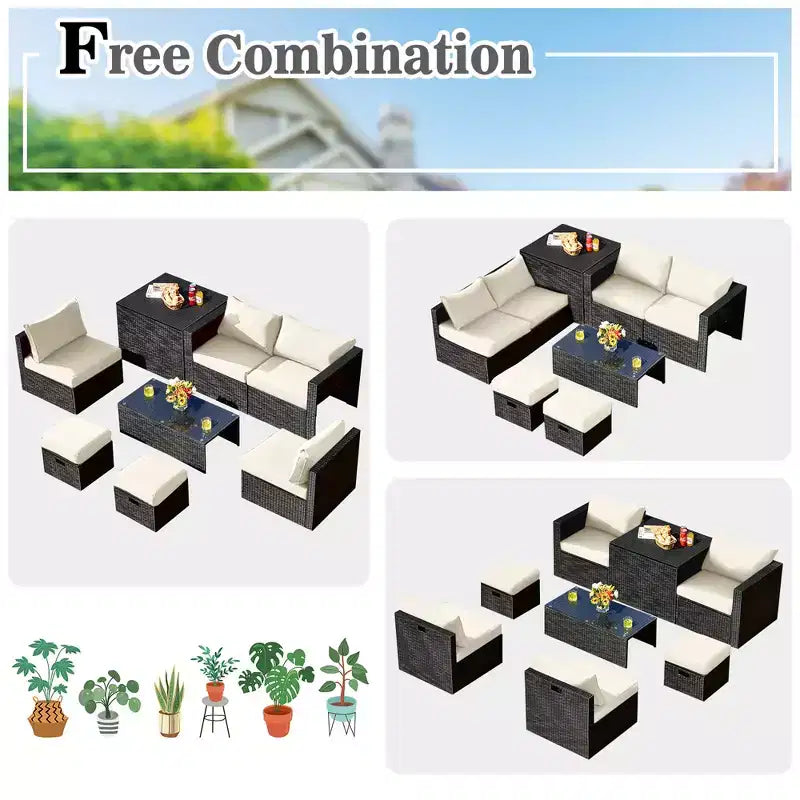 Costway Ensemble de Meubles de Jardin en Rotin 8 Pièces Table de Rangement Housse d'Ottoman