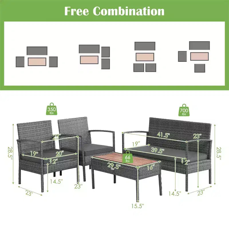 Ensemble de 4 meubles de patio en rotin Costway avec chaises rembourrées et plateau de table en bois gris