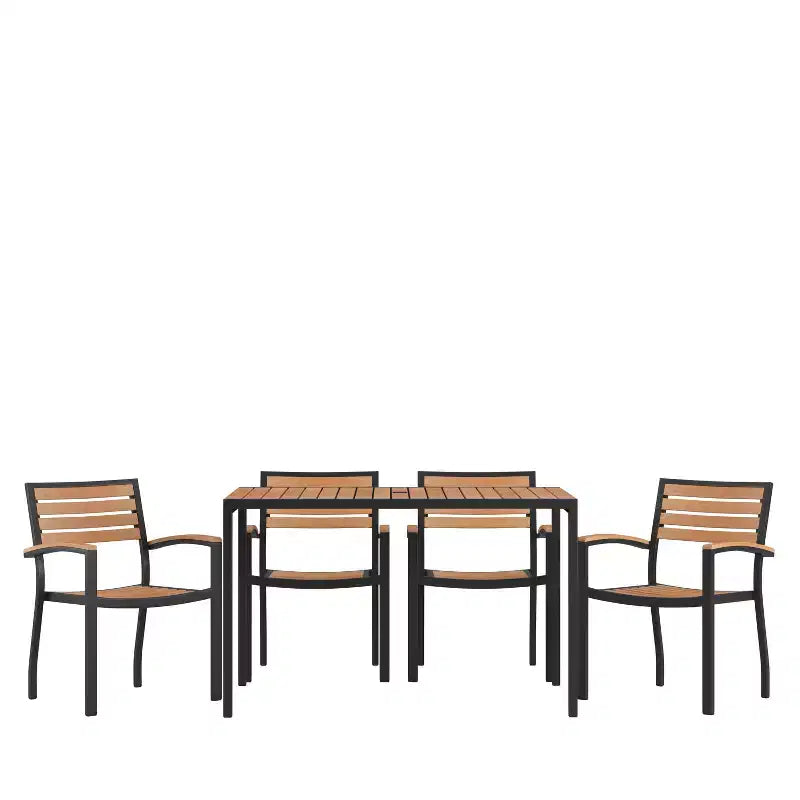 Emma and Oliver 5 Piece Patio Table Set - Synthetic Teak Poly Slats - 30 x 48 Steel Framed Table with Umbrella Holder Hole - 4 Stackable Club Chairs