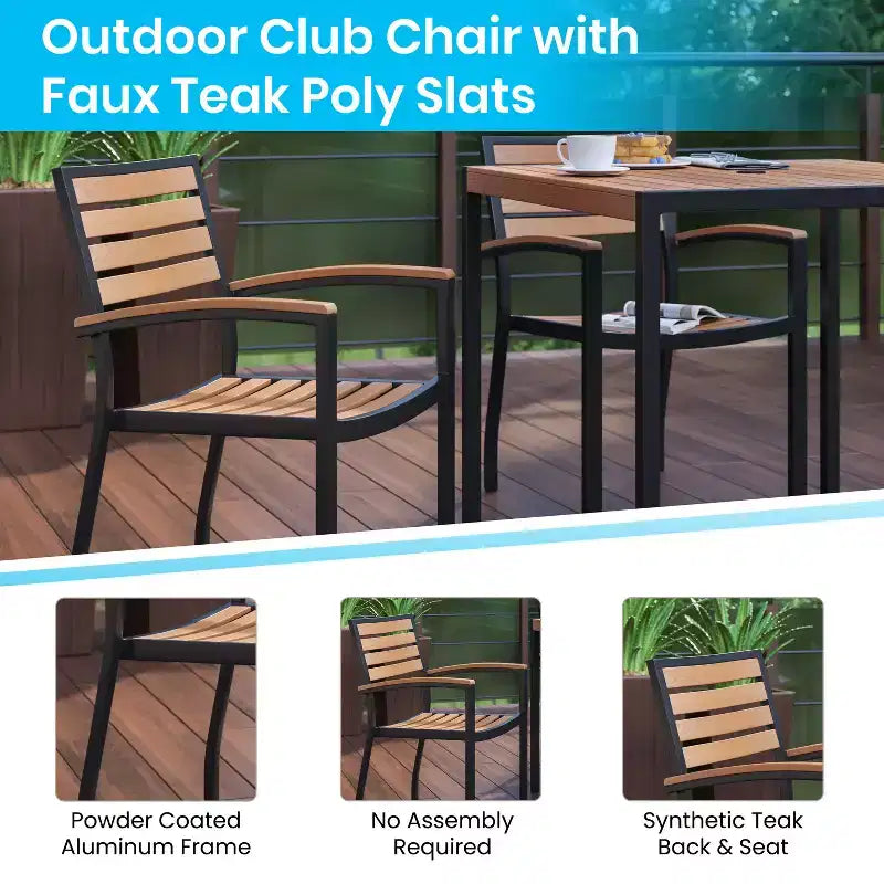 Ensemble de salle à manger d'extérieur 5 pièces Emma et Oliver – Lattes en polyéthylène aspect teck synthétique – Table à cadre en acier 76 x 122 cm avec trou pour parasol – 4 fauteuils empilables
