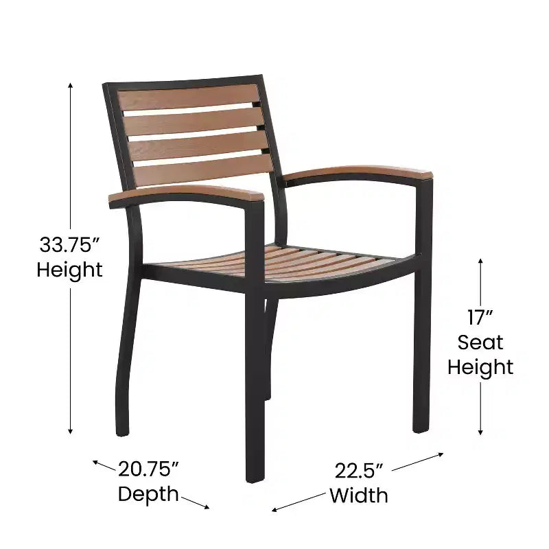 Ensemble de salle à manger d'extérieur 5 pièces Emma et Oliver – Lattes en polyéthylène aspect teck synthétique – Table à cadre en acier 76 x 122 cm avec trou pour parasol – 4 fauteuils empilables