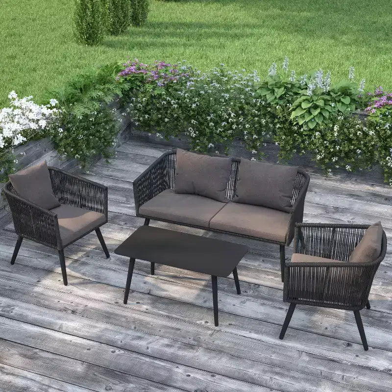 Merrick Lane - Ensemble de mobilier d'extérieur 4 pièces avec canapé, 2 fauteuils et table basse à cadre en aluminium tressé noir avec coussins gris
