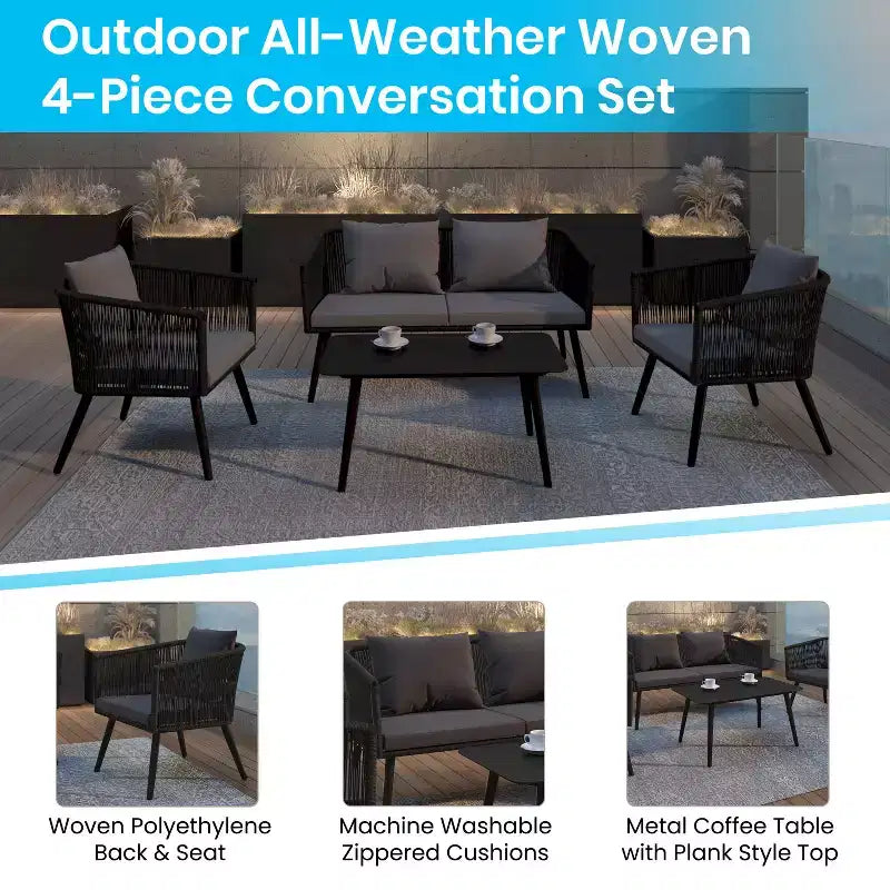 Merrick Lane - Ensemble de mobilier d'extérieur 4 pièces avec canapé, 2 fauteuils et table basse à cadre en aluminium tressé noir avec coussins gris