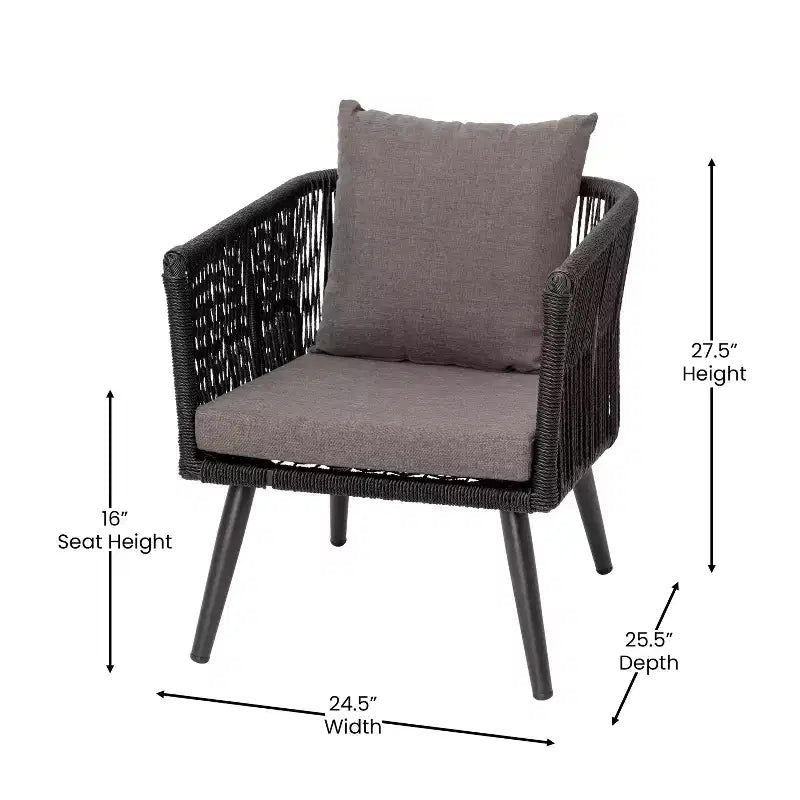 Merrick Lane - Ensemble de mobilier d'extérieur 4 pièces avec canapé, 2 fauteuils et table basse à cadre en aluminium tressé noir avec coussins gris