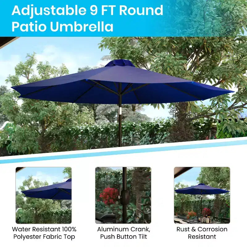 Ensemble de salle à manger 7 pièces Merrick Lane avec parasol et base - Table à cadre en acier avec trou pour parasol et 4 fauteuils de club