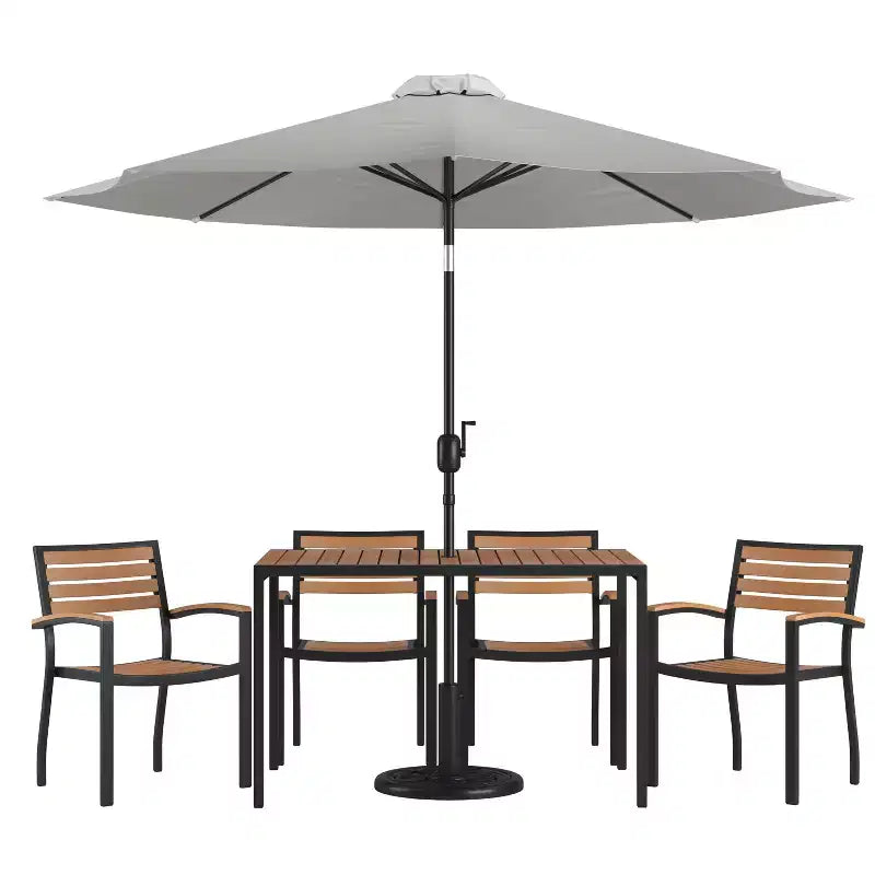 Merrick Lane 7 Piece Dining Set with Umbrella & Base - Steel Framed Table with Umbrella Hole & 4 Club Chairs