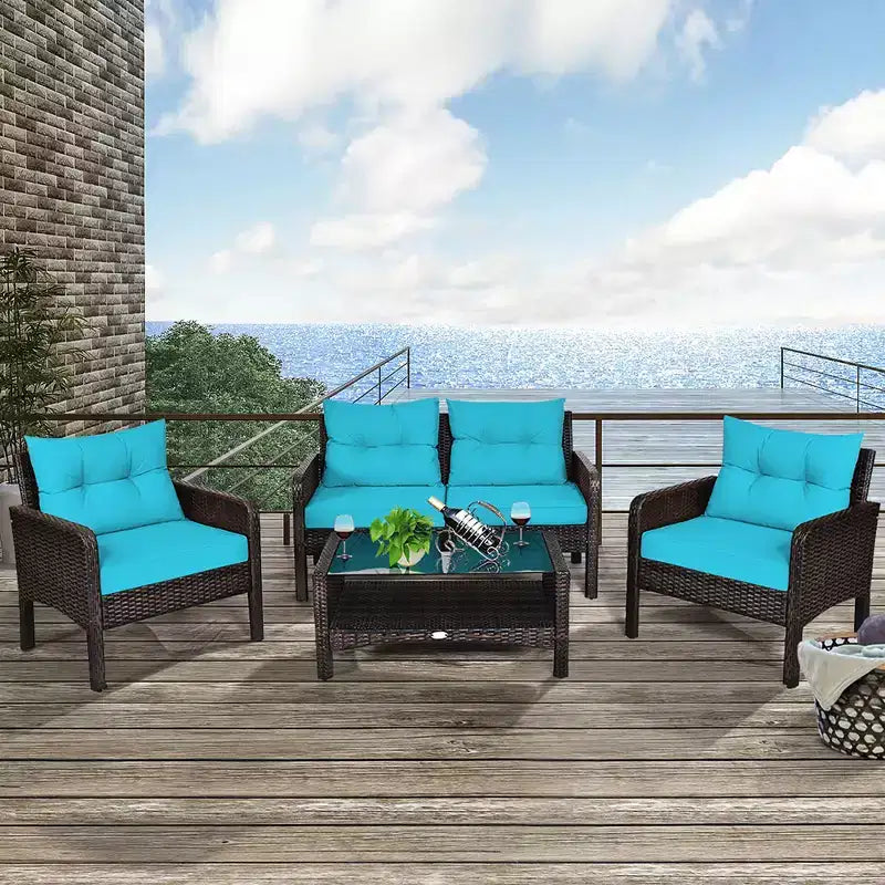 Costway Ensemble de Meubles de Patio en Rotin 4 Pièces Canapé Deux Places Table Basse avec Coussins Turquoises