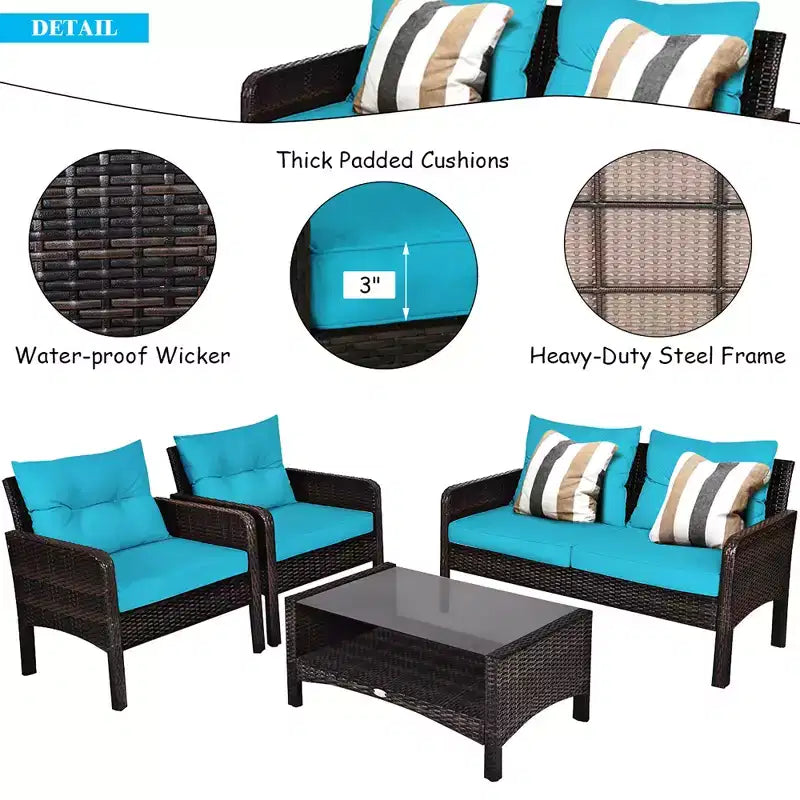 Costway Ensemble de Meubles de Patio en Rotin 4 Pièces Canapé Deux Places Table Basse avec Coussins Turquoises