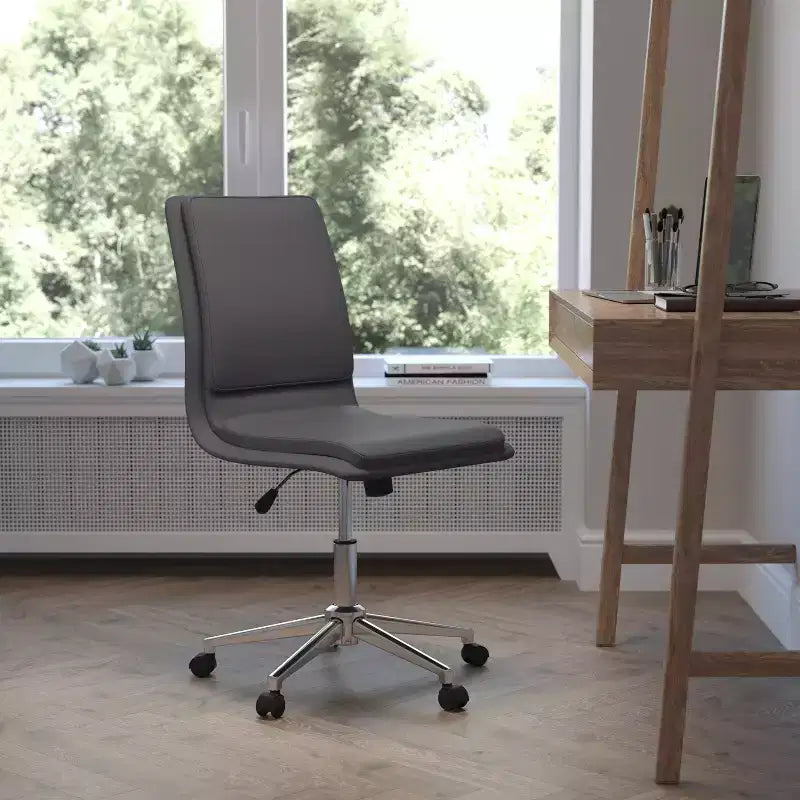 Mid-Back Armless Swivel Task Office Chair Bonded Leather Adjustable Metal Base