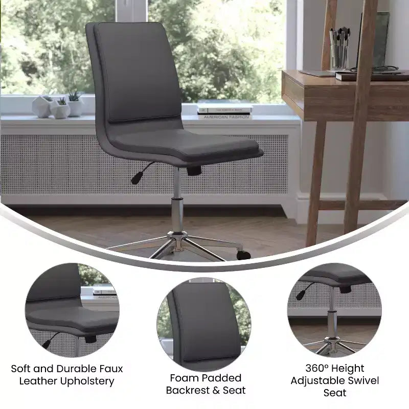 Mid-Back Armless Swivel Task Office Chair Bonded Leather Adjustable Metal Base