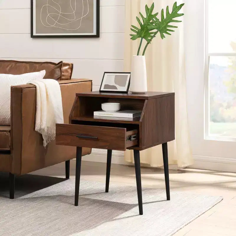 Modern 1-Drawer Angled Side Table Black MDF