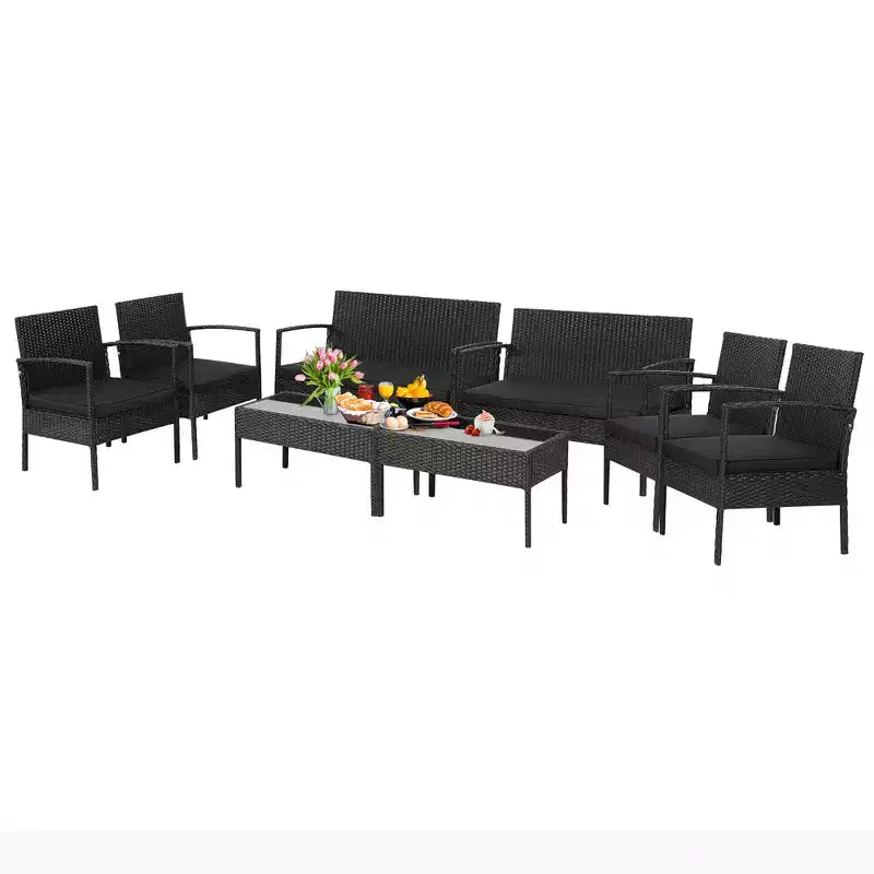 Costway Ensemble de Meubles de Jardin 8 Pièces en Rotin Canapé Rembourré Accoudoir Noir