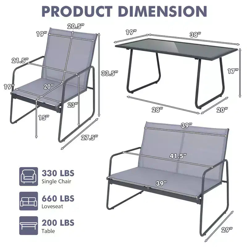 Costway Ensemble de Conversation de Jardin 4 Pièces en Métal pour Patio avec Table