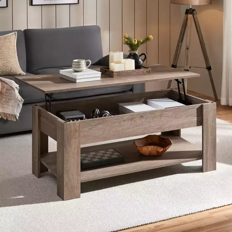 Lift Top Coffee Table with Hidden Compartment & Open Shelf For Living Room
