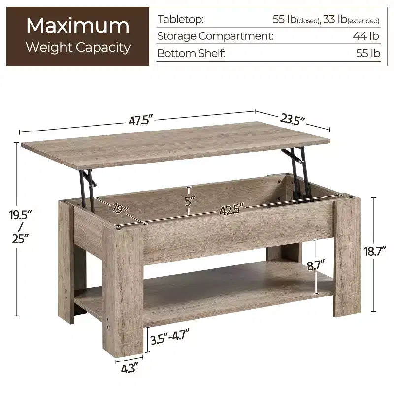Lift Top Coffee Table with Hidden Compartment & Open Shelf For Living Room