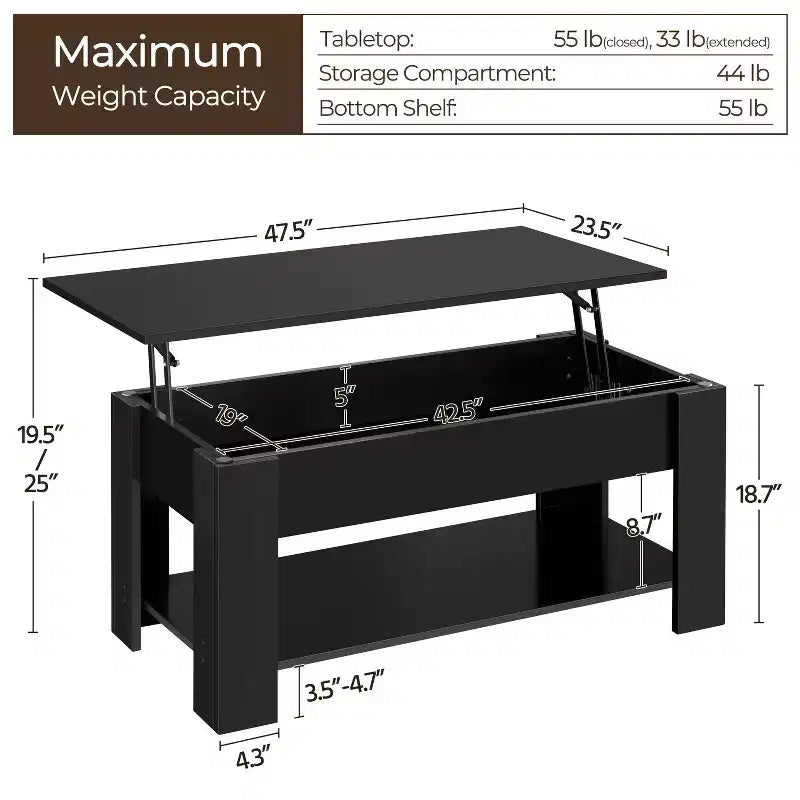Lift Top Coffee Table with Hidden Compartment & Open Shelf For Living Room