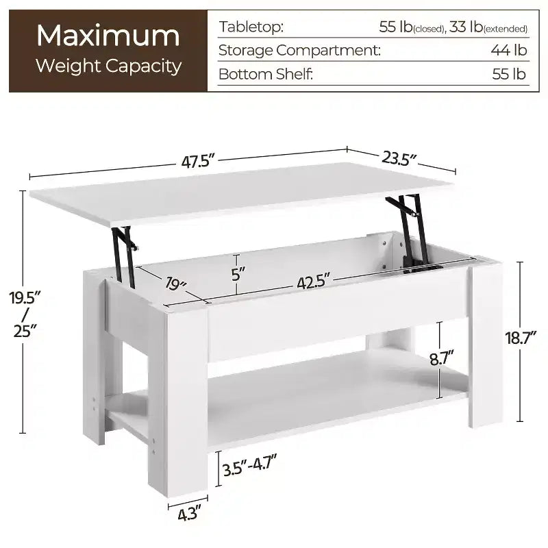 Lift Top Coffee Table with Hidden Compartment & Open Shelf For Living Room