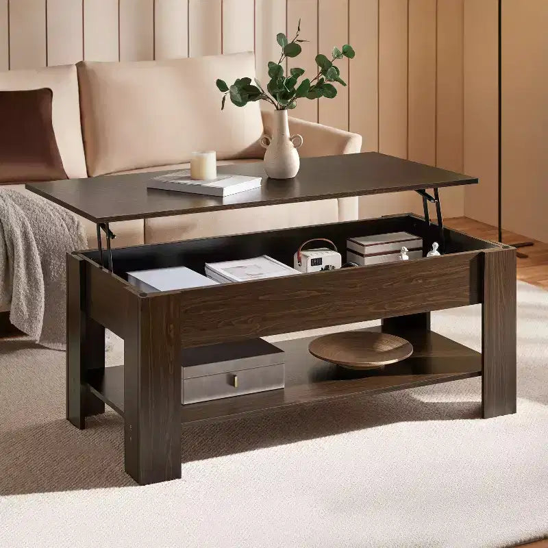 Lift Top Coffee Table with Hidden Compartment & Open Shelf For Living Room