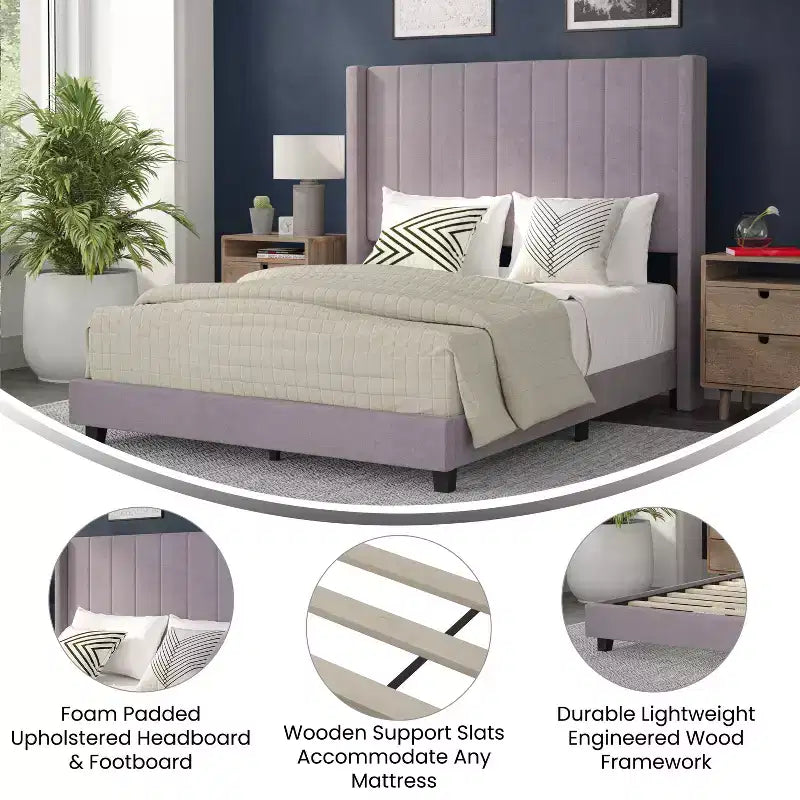 Upholstered Platform Bed with Vertical Channel Stitch Detail and Engineered Wood Frame No Box Spring Required