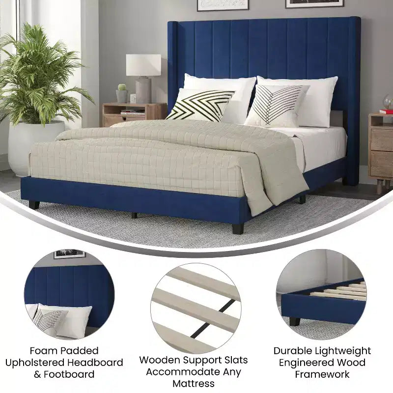 Upholstered Platform Bed with Vertical Channel Stitch Detail and Engineered Wood Frame No Box Spring Required