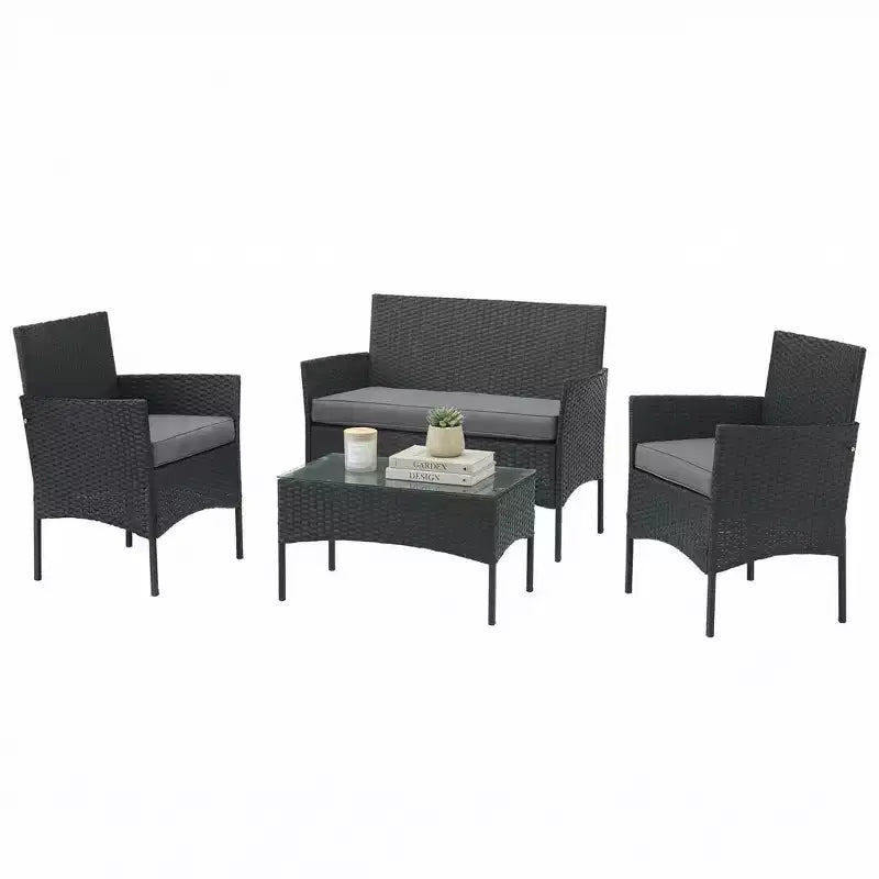 Patio Furniture Set  4-Piece Rattan Outdoor Sofa, 2 Cushioned Chairs, and Table Combo for Deck, Pool, or Porch Furniture by Lavish Home (Gray)