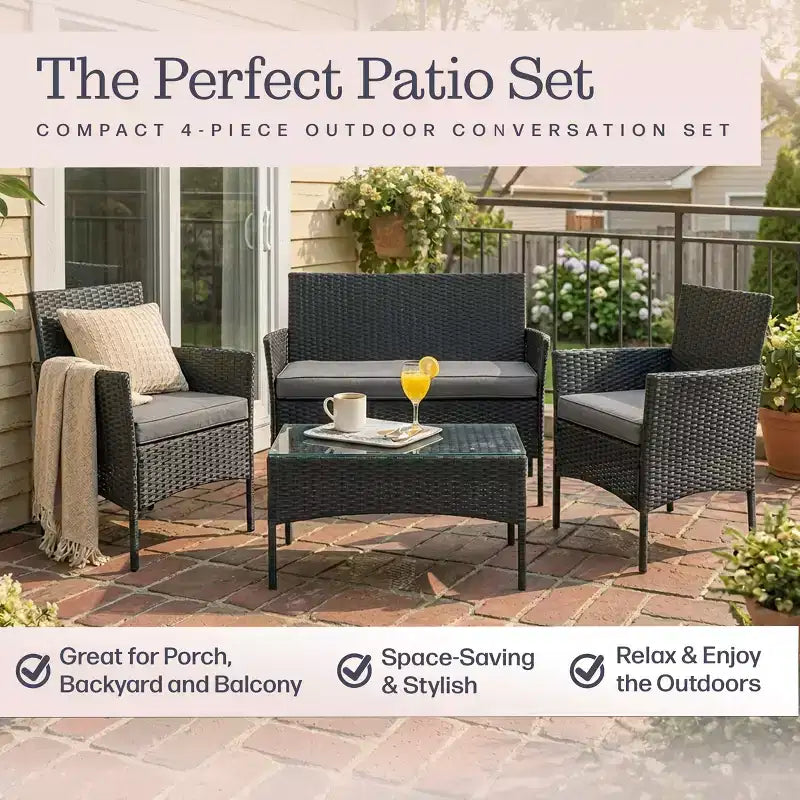 Ensemble de mobilier de patio – Canapé d'extérieur en rotin 4 pièces, 2 chaises rembourrées et table combinés pour terrasse, piscine ou porche par Lavish Home (gris)