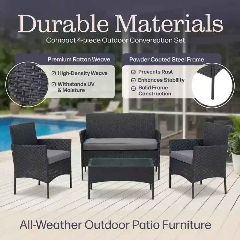 Ensemble de mobilier de patio – Canapé d'extérieur en rotin 4 pièces, 2 chaises rembourrées et table combinés pour terrasse, piscine ou porche par Lavish Home (gris)
