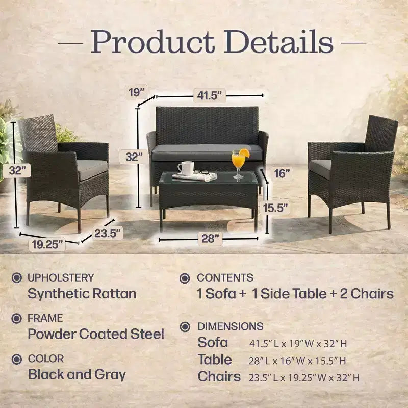 Ensemble de mobilier de patio – Canapé d'extérieur en rotin 4 pièces, 2 chaises rembourrées et table combinés pour terrasse, piscine ou porche par Lavish Home (gris)