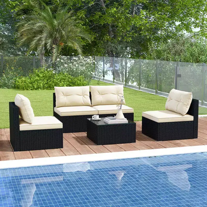 Costway 5 Pieces Outdoor Furniture Set with Seat & Back Cushions Tempered Glass Tabletop