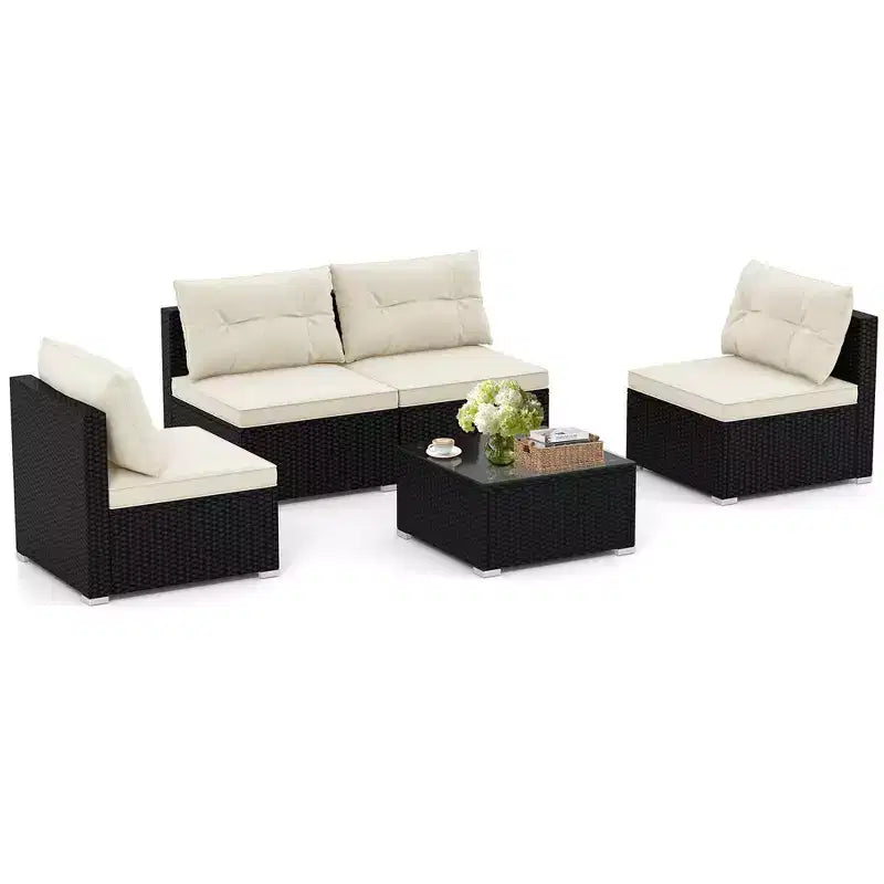 Ensemble de mobilier d'extérieur Costway 5 pièces avec coussins d'assise et de dossier Plateau en verre trempé